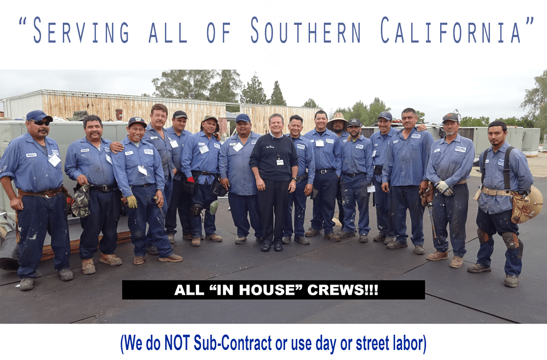Royal-Roofing---Crews-Insert_PRINT A group of uniformed workers pose outdoors at a work site with a company representative; text emphasizes that all crews are in-house and not subcontracted.