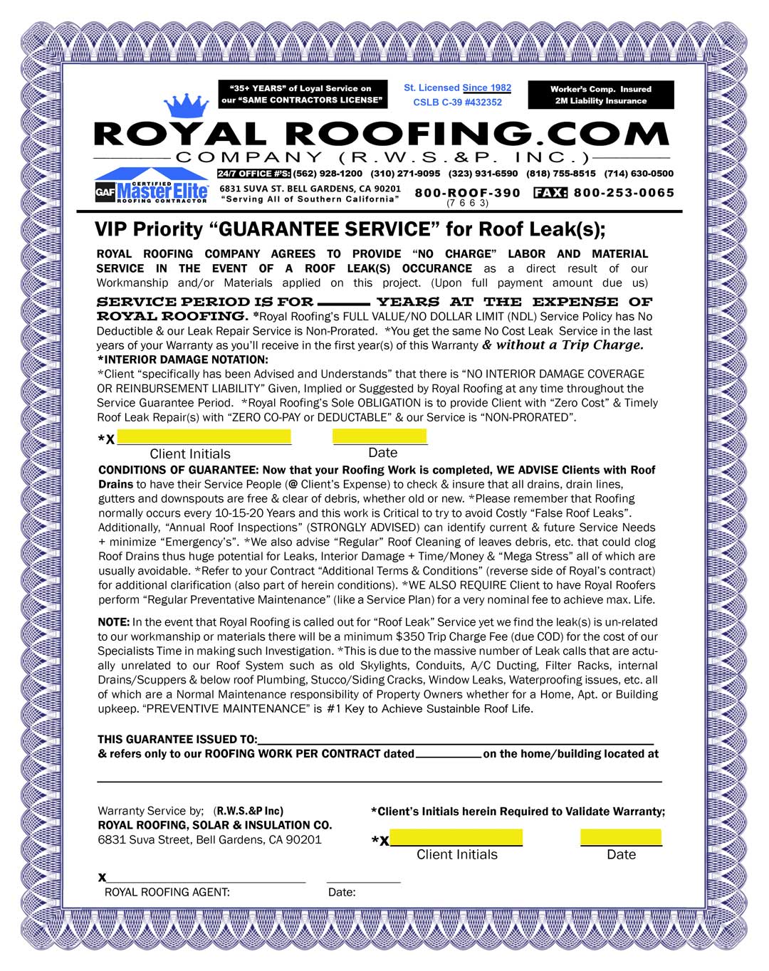 Royal-Roofing-Guarantee A roofing service contract titled "VIP Priority 'Guarantee Service' for Roof Leak(s)" with sections for client information, warranty details, and signature initials.